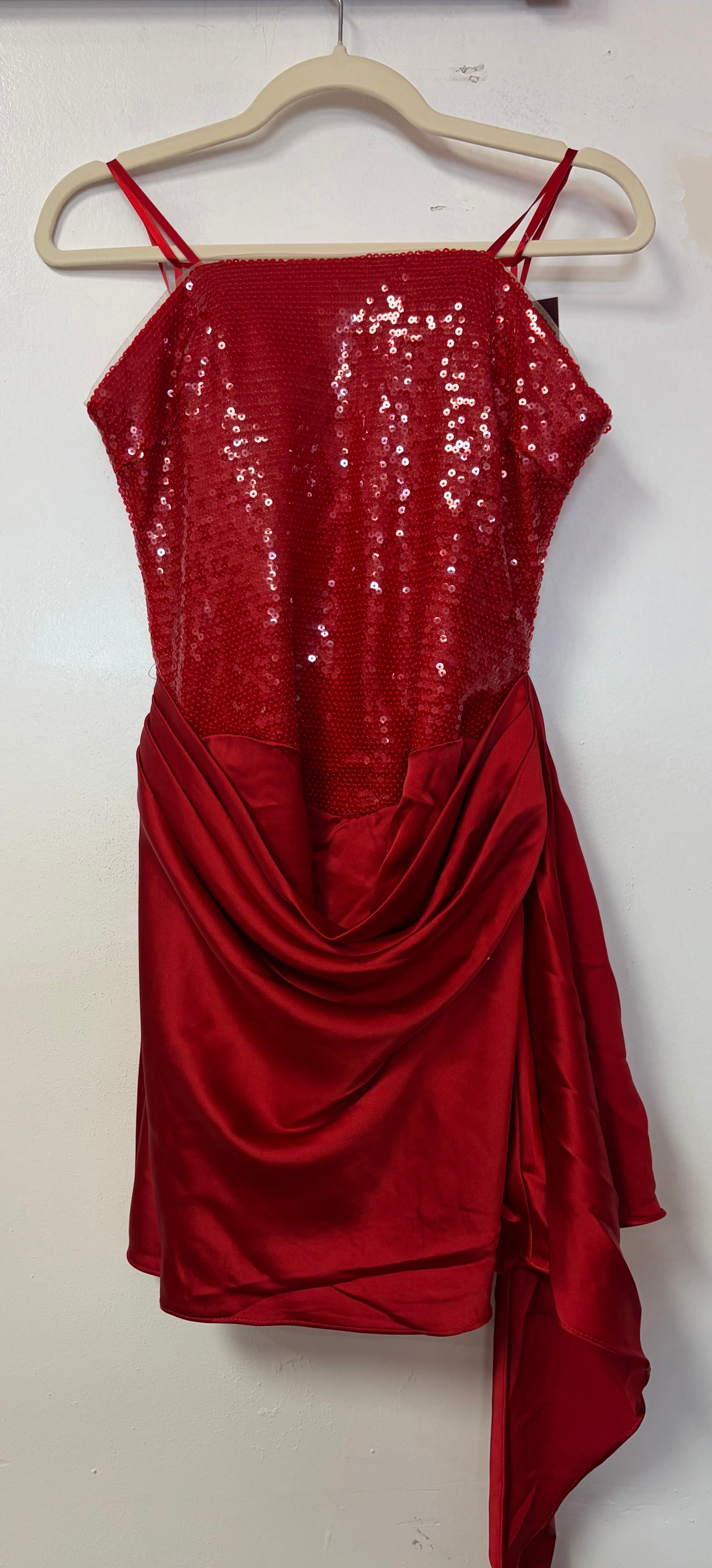 Ladivine by Cinderella Divine - STRAPLESS SEQUIN & SATIN MINI DRESS WITH DRAPED SASH