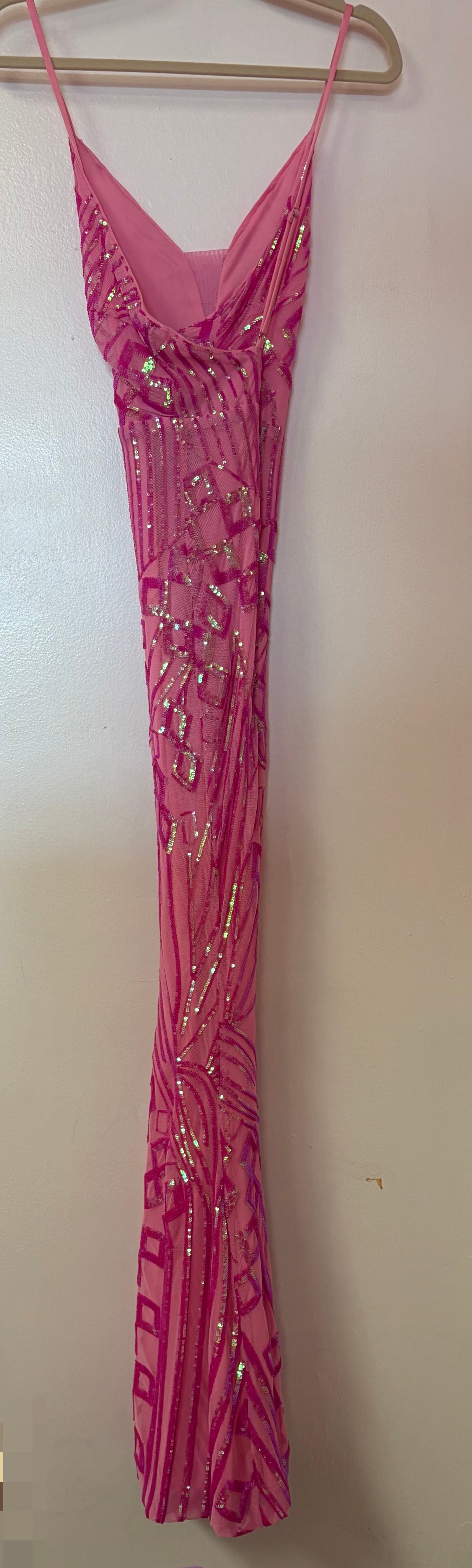 Hot Pink Geometric Sequin Mermaid Gown with Plunging V-Neckline