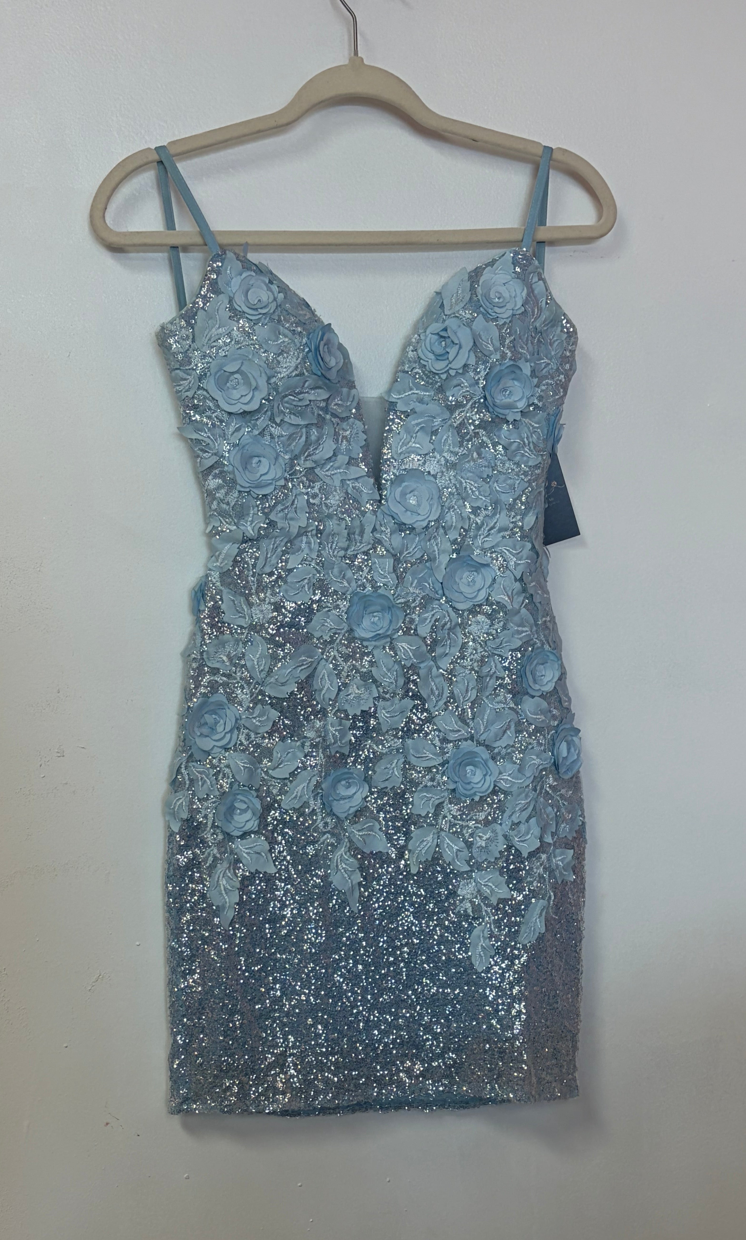 Jovani Light Blue 3D Floral Sequin Cocktail Dress