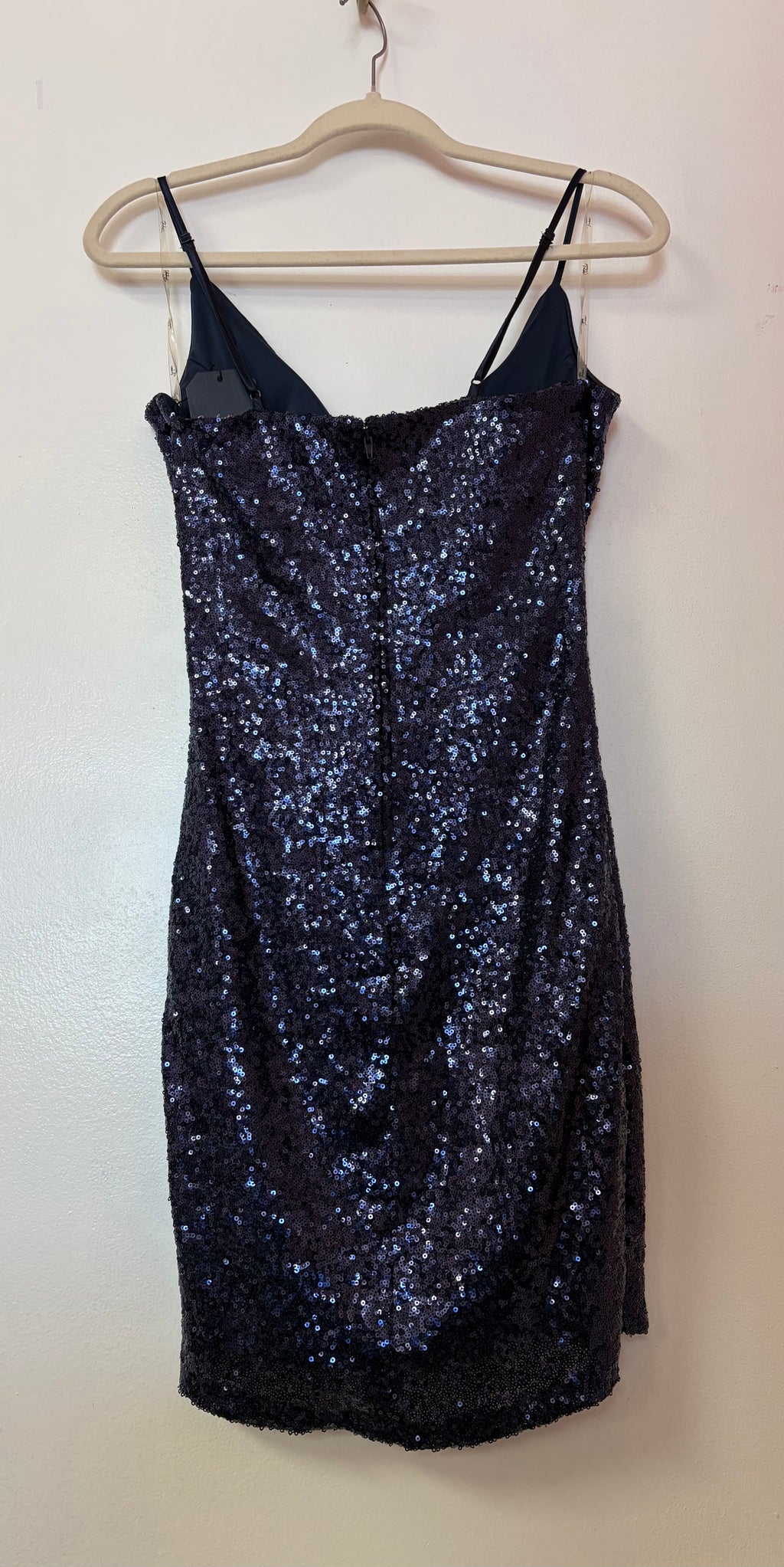 Navy Sequin Wrap Homecoming Dress with Cowl Neckline and Ruched Skirt
