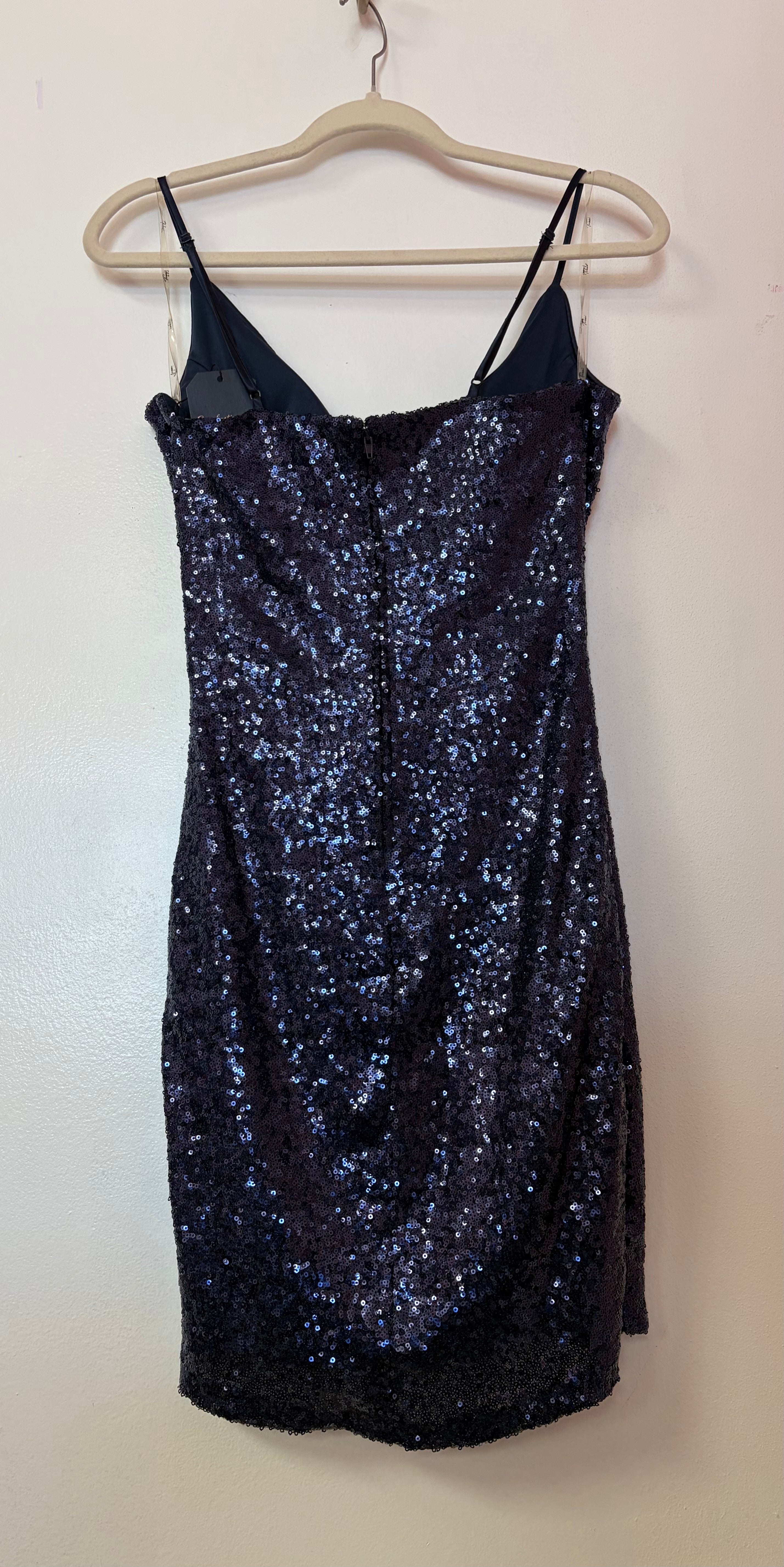 Navy Sequin Wrap Homecoming Dress with Cowl Neckline and Ruched Skirt