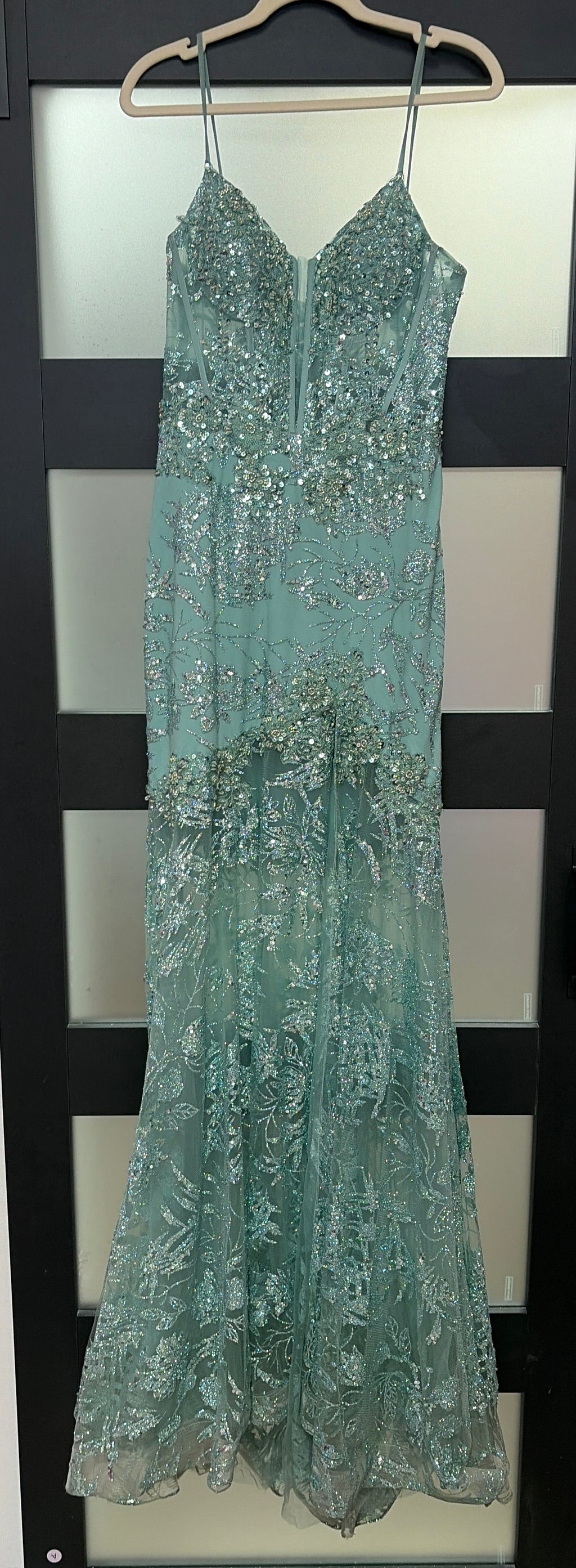 Jovani 38468 Sage Embellished Mermaid Prom Gown with Sheer Corset Bodice and Floral Beading