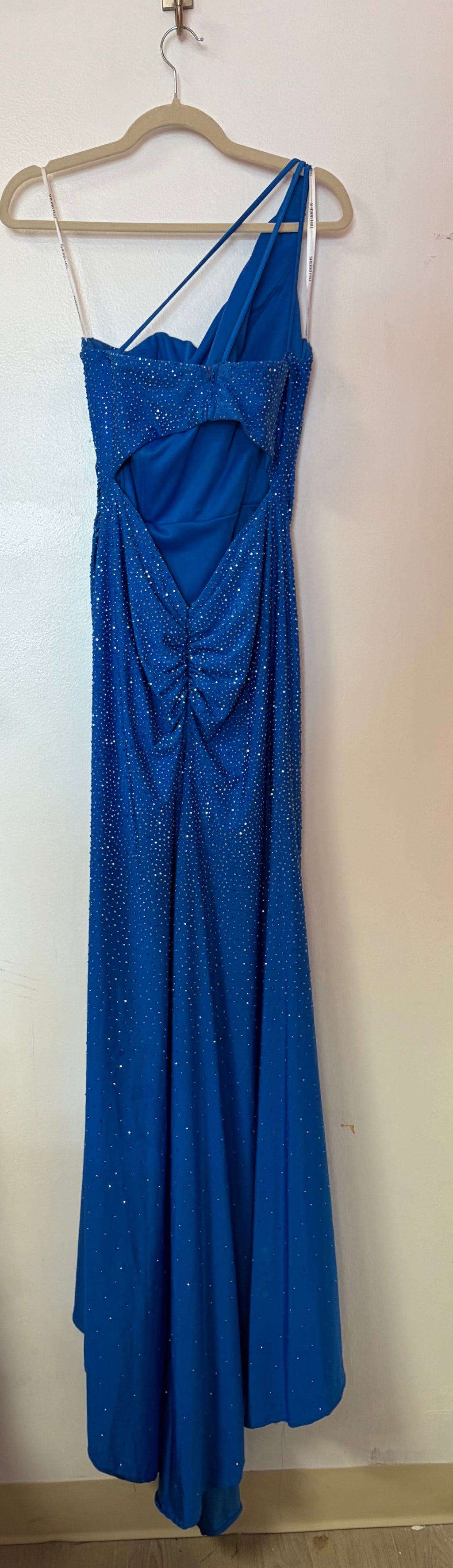 Sherri Hill 54958 Royal Blue One-Shoulder Rhinestone Gown with Open Back