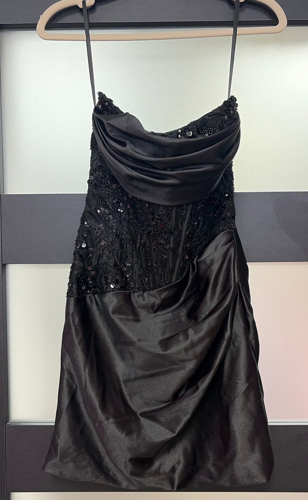 Stacees Black Strapless Sequin Corset Homecoming Dress with Draped Satin Skirt