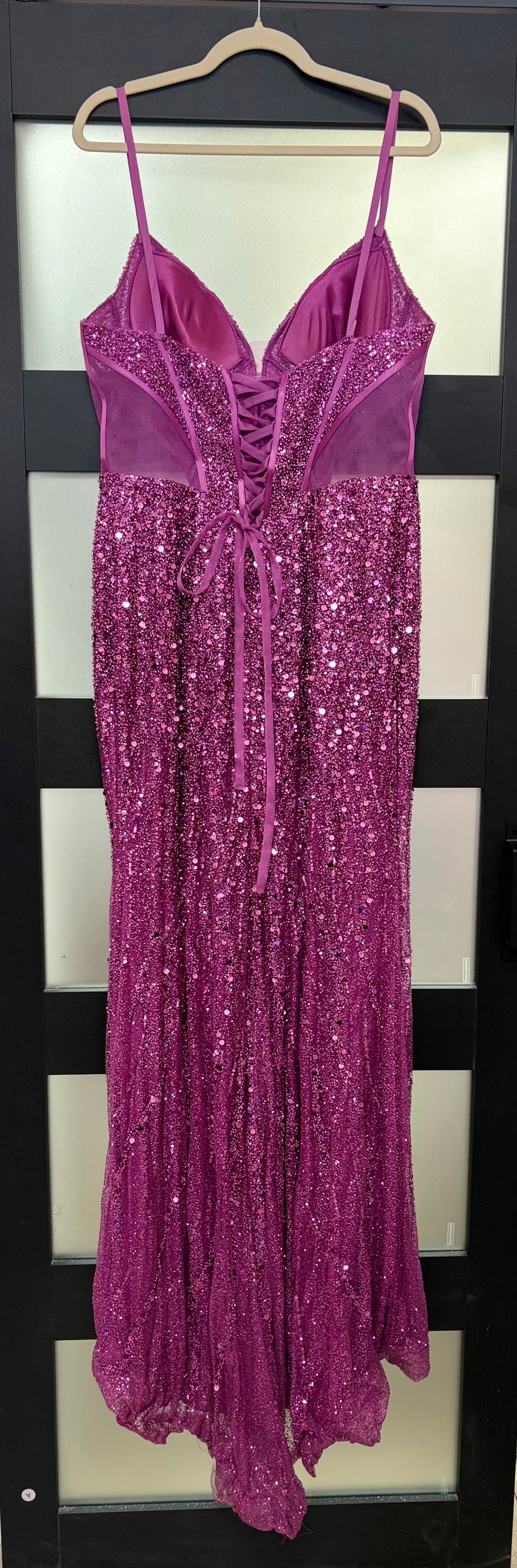 LaDivine CD0227 Magenta Sequin Corset Gown with Leg Slit