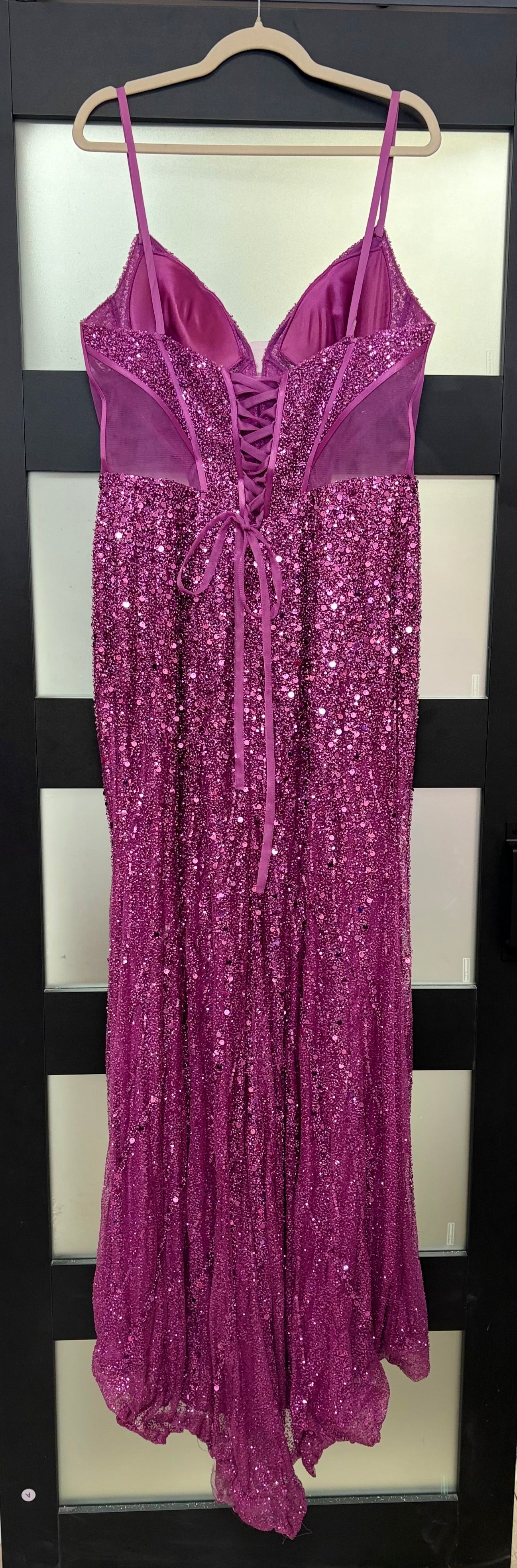 LaDivine CD0227 Magenta Sequin Corset Gown with Leg Slit