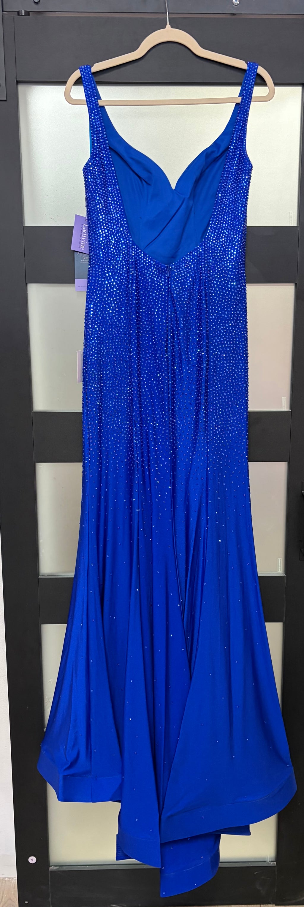 LaDivine CB119 Royal Blue Rhinestone Jersey Prom Dress with Open Back