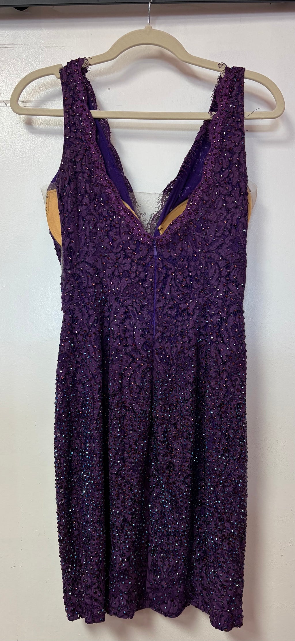 Johnathan Kayne Purple Beaded Lace Cocktail Dress with Illusion Plunge Neckline