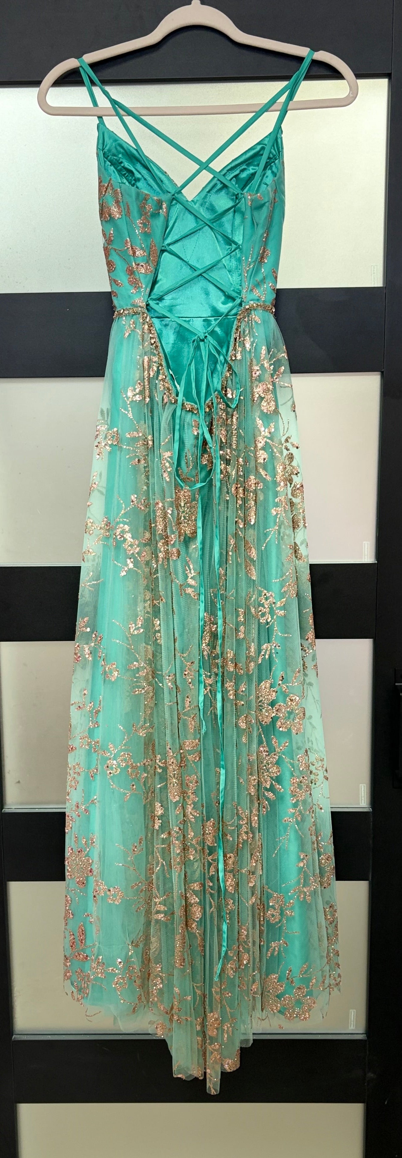 Colette by Daphne CL12006 Aqua and Gold Glitter A-Line Formal Gown