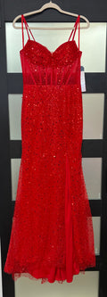 Stacees S7794P Red Glitter Sequin Corset Gown with Leg Slit
