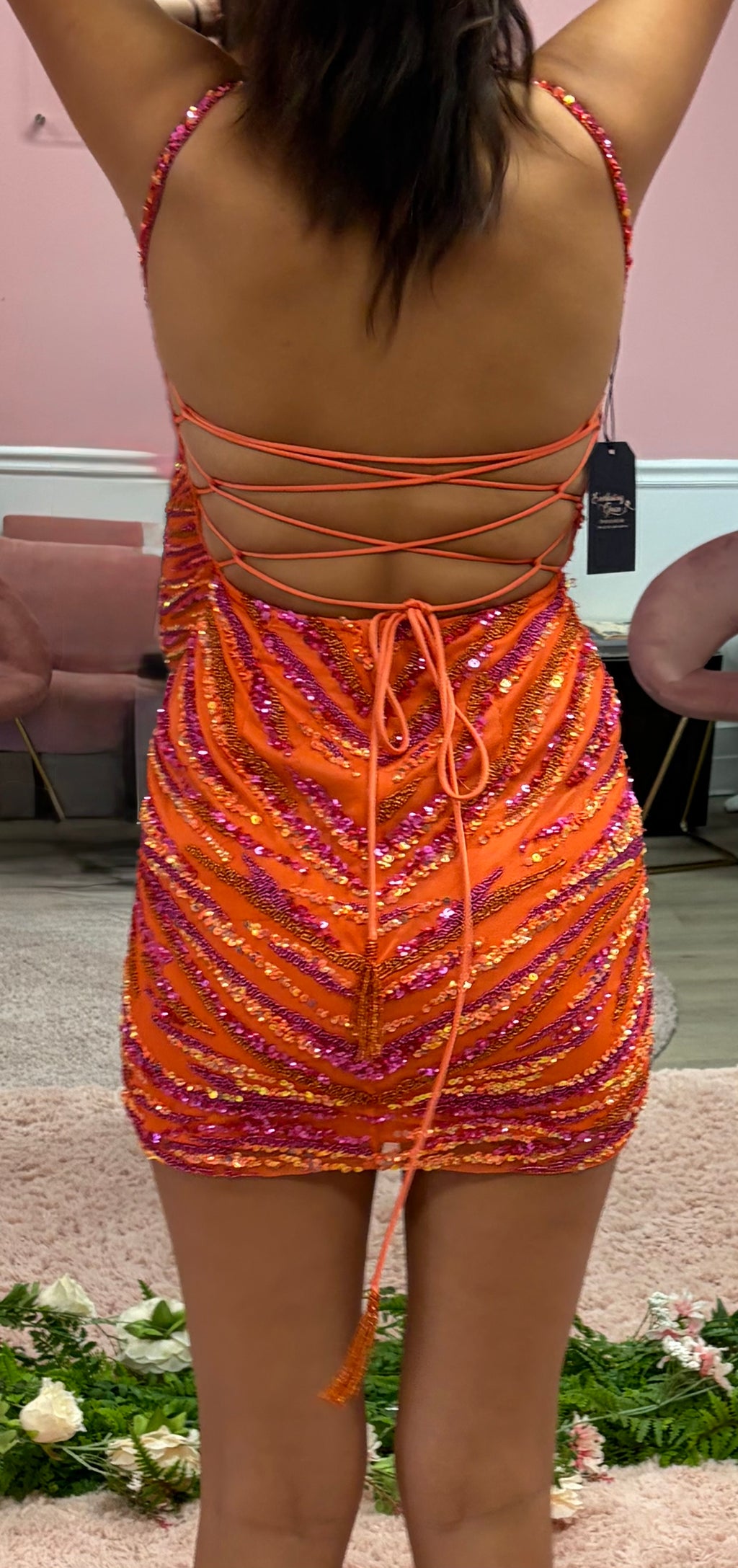 Rachel Allan 30051 Orange Sequin Homecoming Dress with Beaded Tiger Stripe Design and Lace-Up Back