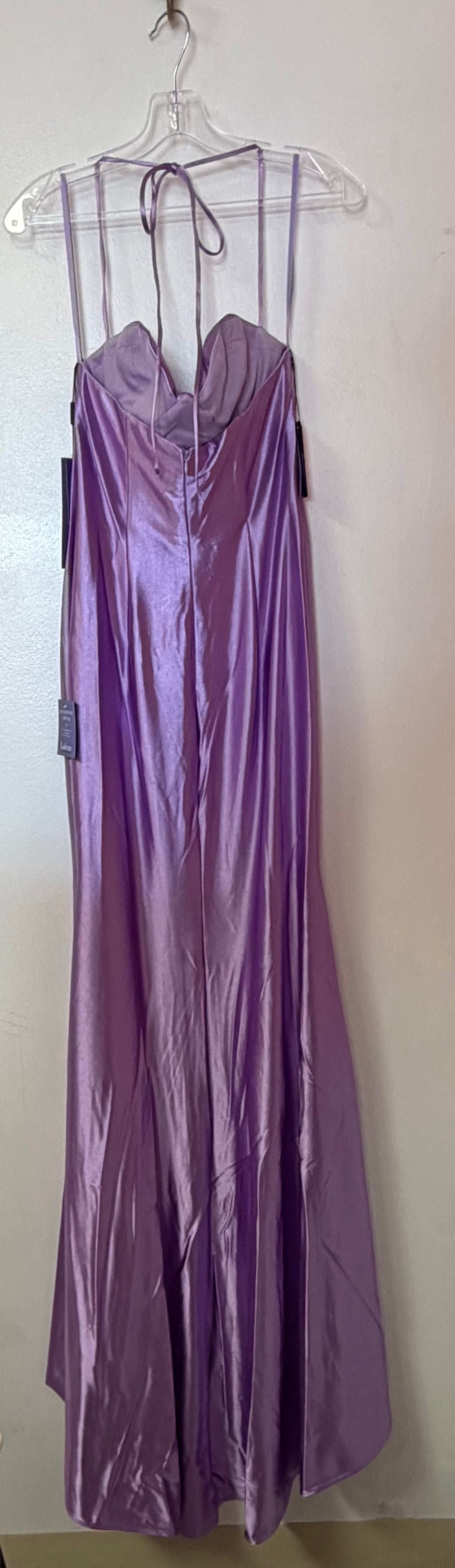 LaDivine CH112 Metallic Lilac Satin Corset Gown with Illusion Halter Detail