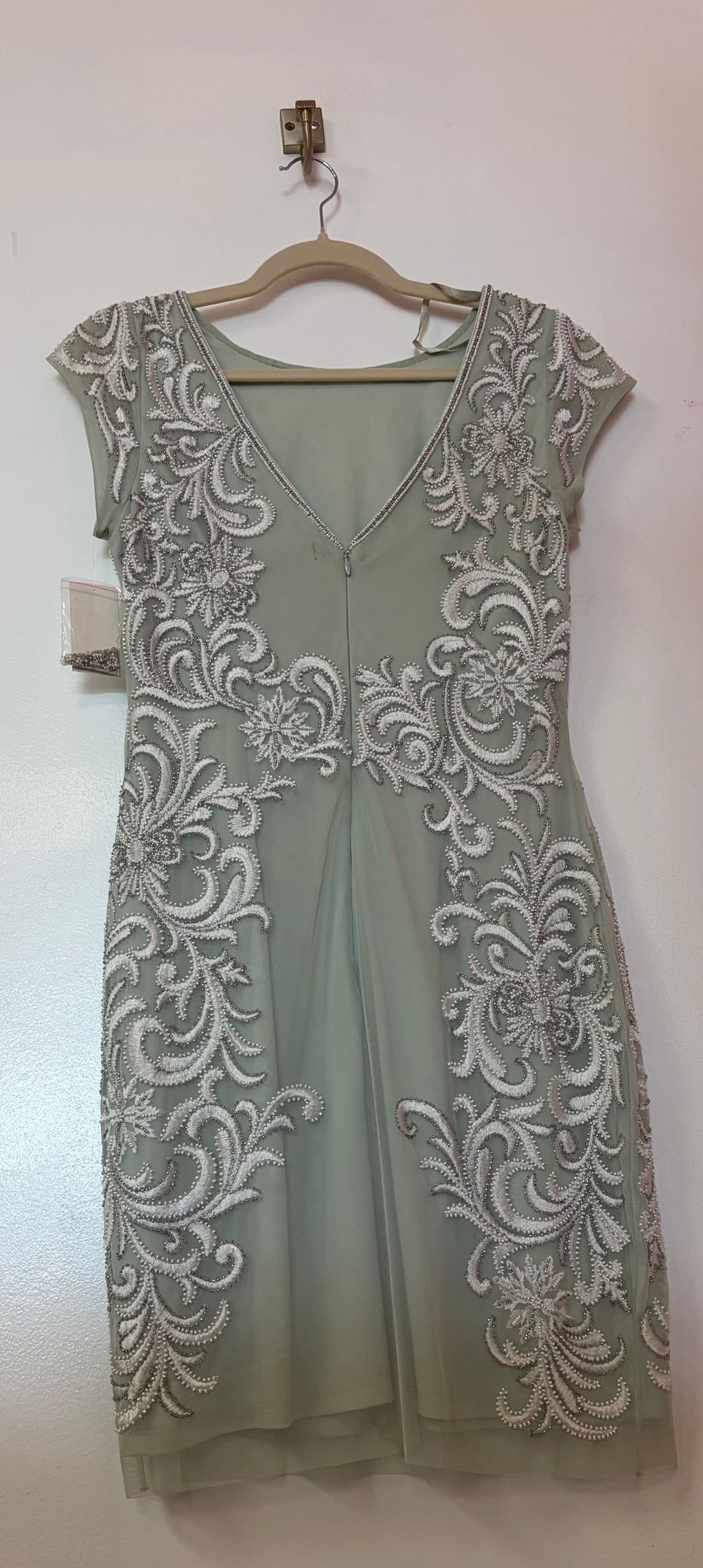 Aidan Mattox Sage Green Beaded Cocktail Dress with Ornate Embellished Mesh Overlay