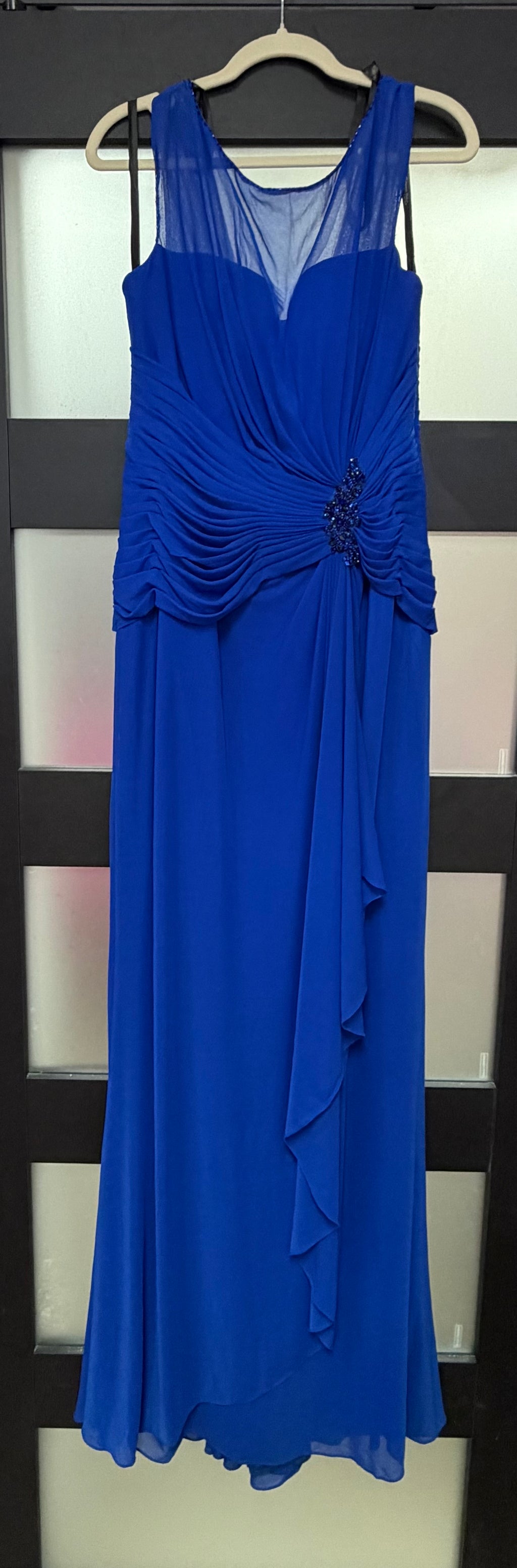 Cameron Blake Royal Blue Ruched Chiffon Evening Gown with Illusion Neckline and Beaded Accent