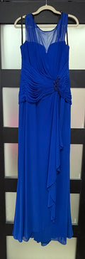 Cameron Blake Royal Blue Ruched Chiffon Evening Gown with Illusion Neckline and Beaded Accent