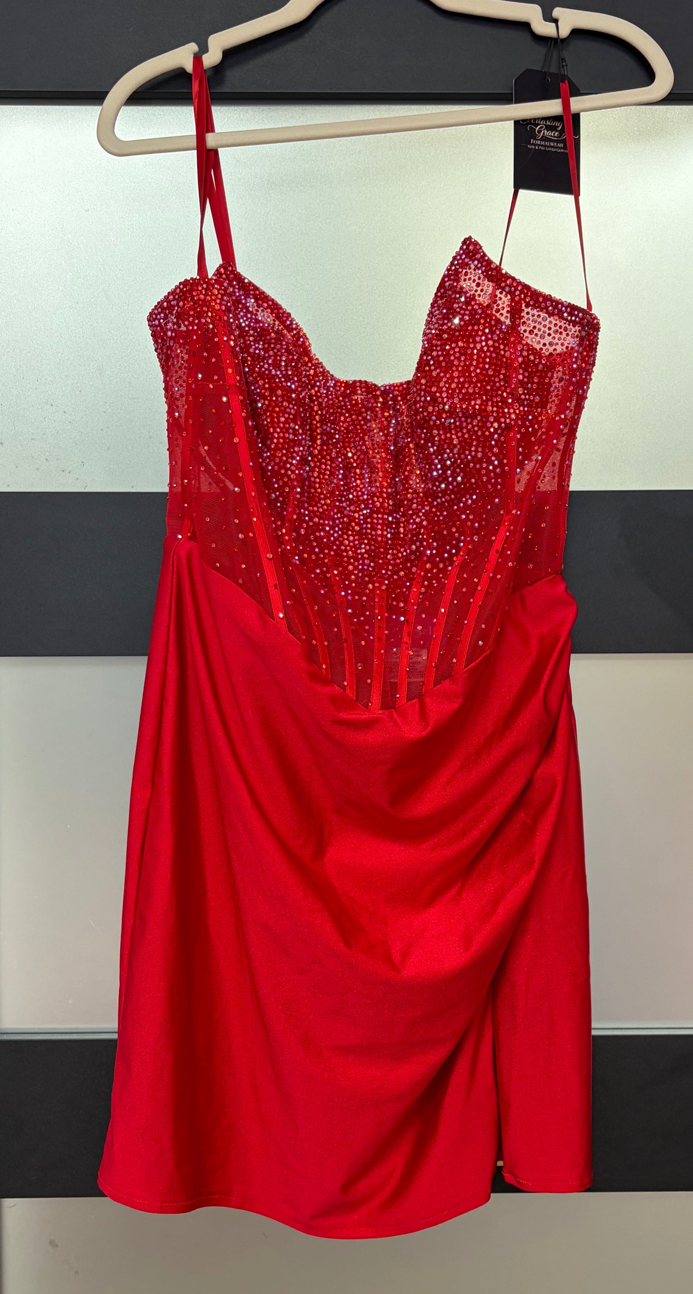 Maja Bella Red Rhinestone Corset Satin Homecoming Dress with Draped Skirt