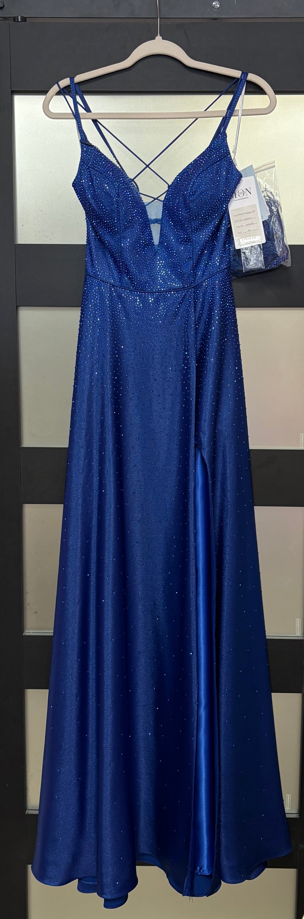 Ellie Wilde by Mon Cheri EW34131 Sapphire Rhinestone Satin Prom Dress with Leg Slit