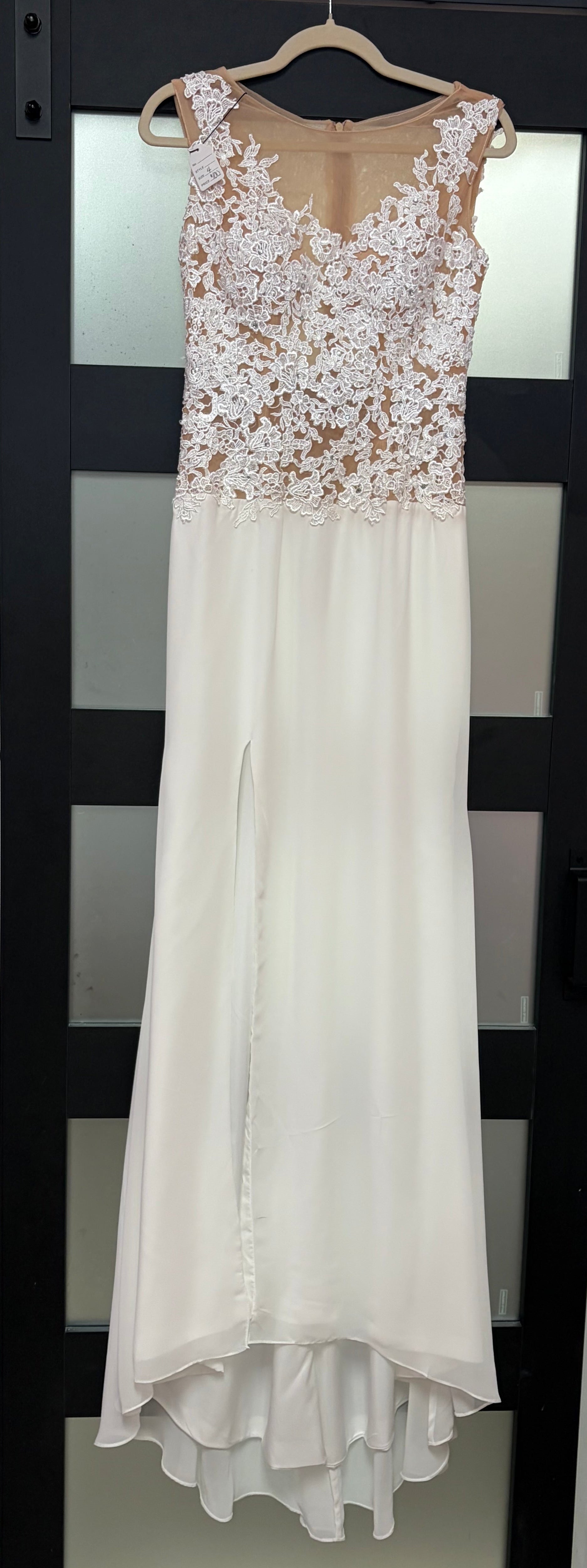 White Lace Illusion Bridal Gown with Floral Appliqué Bodice and Chiffon Skirt