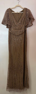 Ever-Pretty Taupe Beaded Flutter Sleeve Formal Gown with Art Deco Sequin Pattern