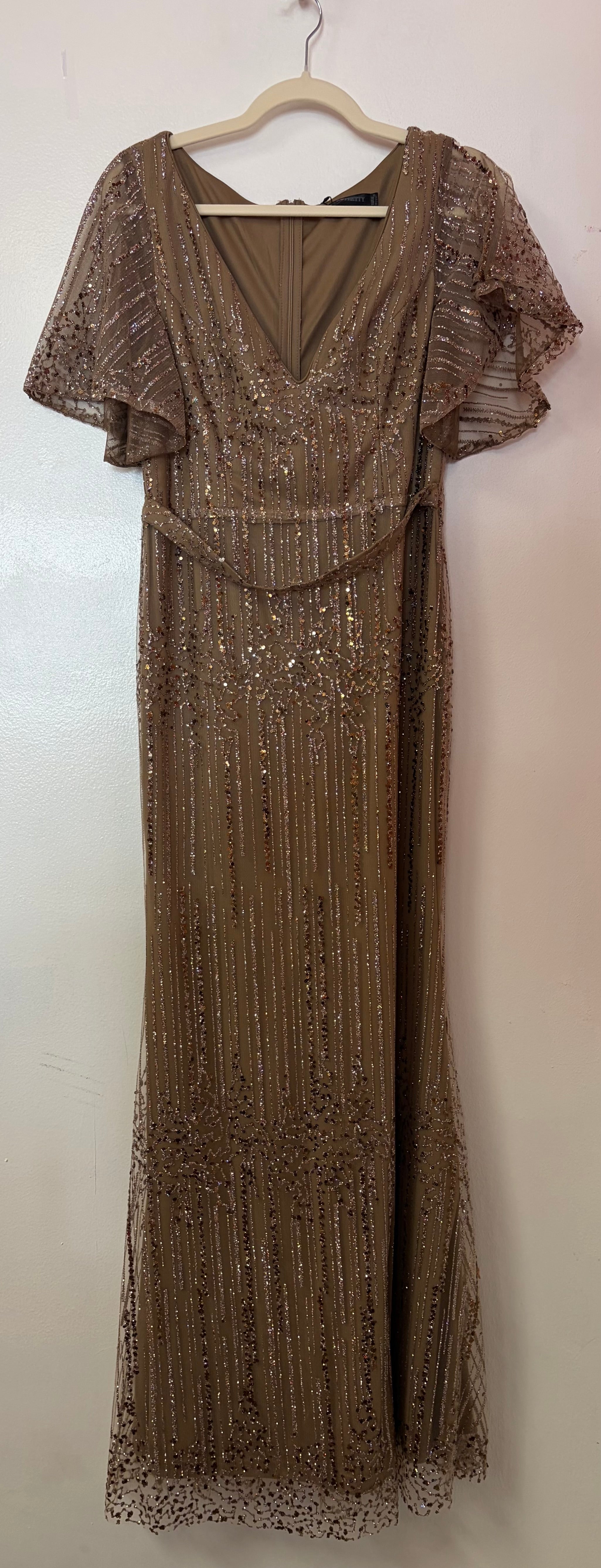 Ever-Pretty Taupe Beaded Flutter Sleeve Formal Gown with Art Deco Sequin Pattern