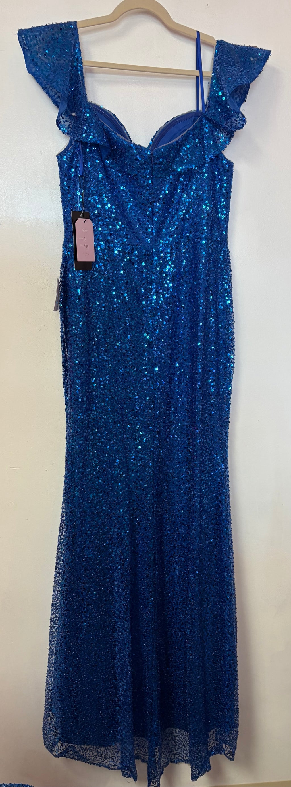 LaDivine CH167 Royal Blue Sequin Mermaid Formal Dress with Ruffled Shoulder Detail and Slit