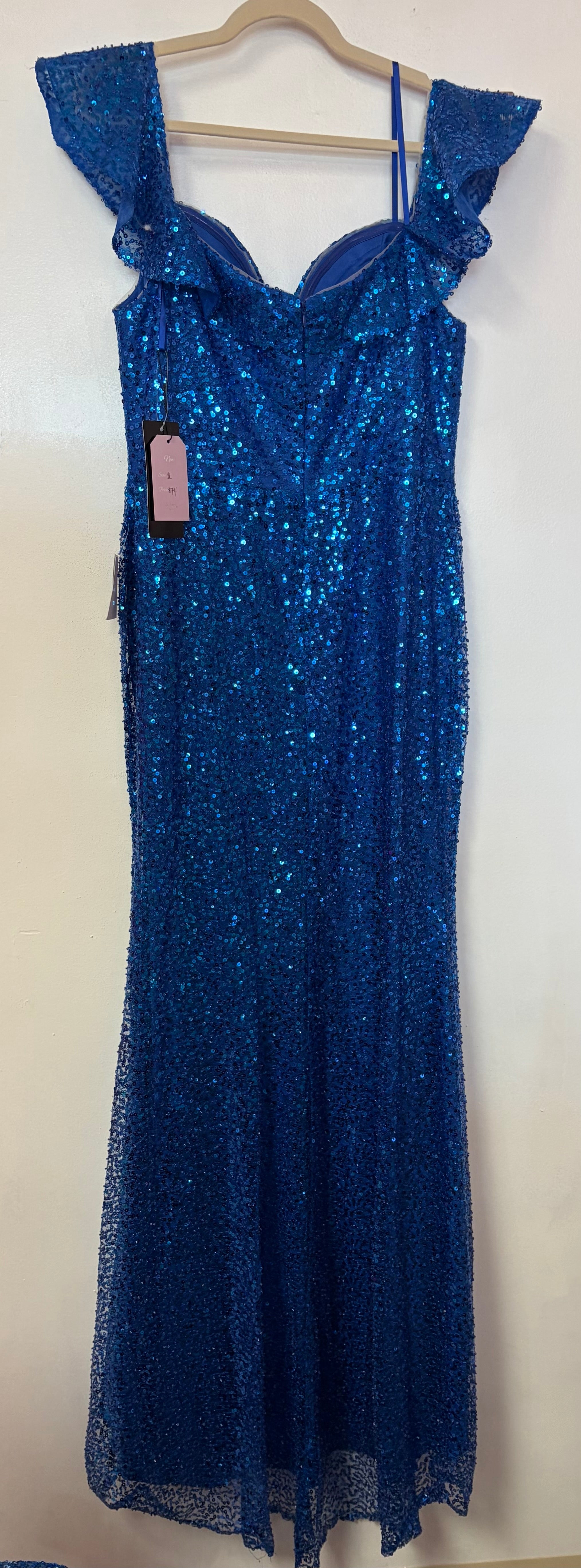 LaDivine CH167 Royal Blue Sequin Mermaid Formal Dress with Ruffled Shoulder Detail and Slit