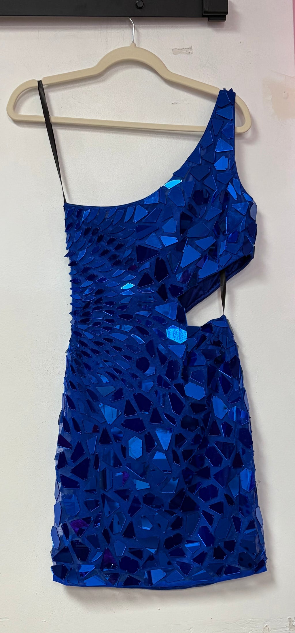 Primavera 3529 Royal Blue Shard Embellished One Shoulder Mini Dress