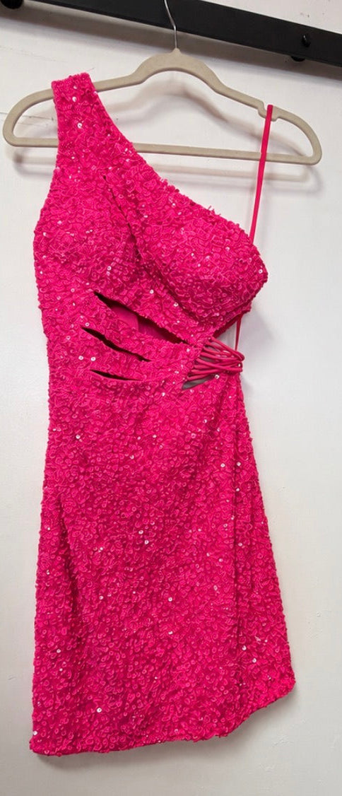 Ashley Lauren 4650 Hot Pink One-Shoulder Sequin Cocktail Dress with Side Cutout