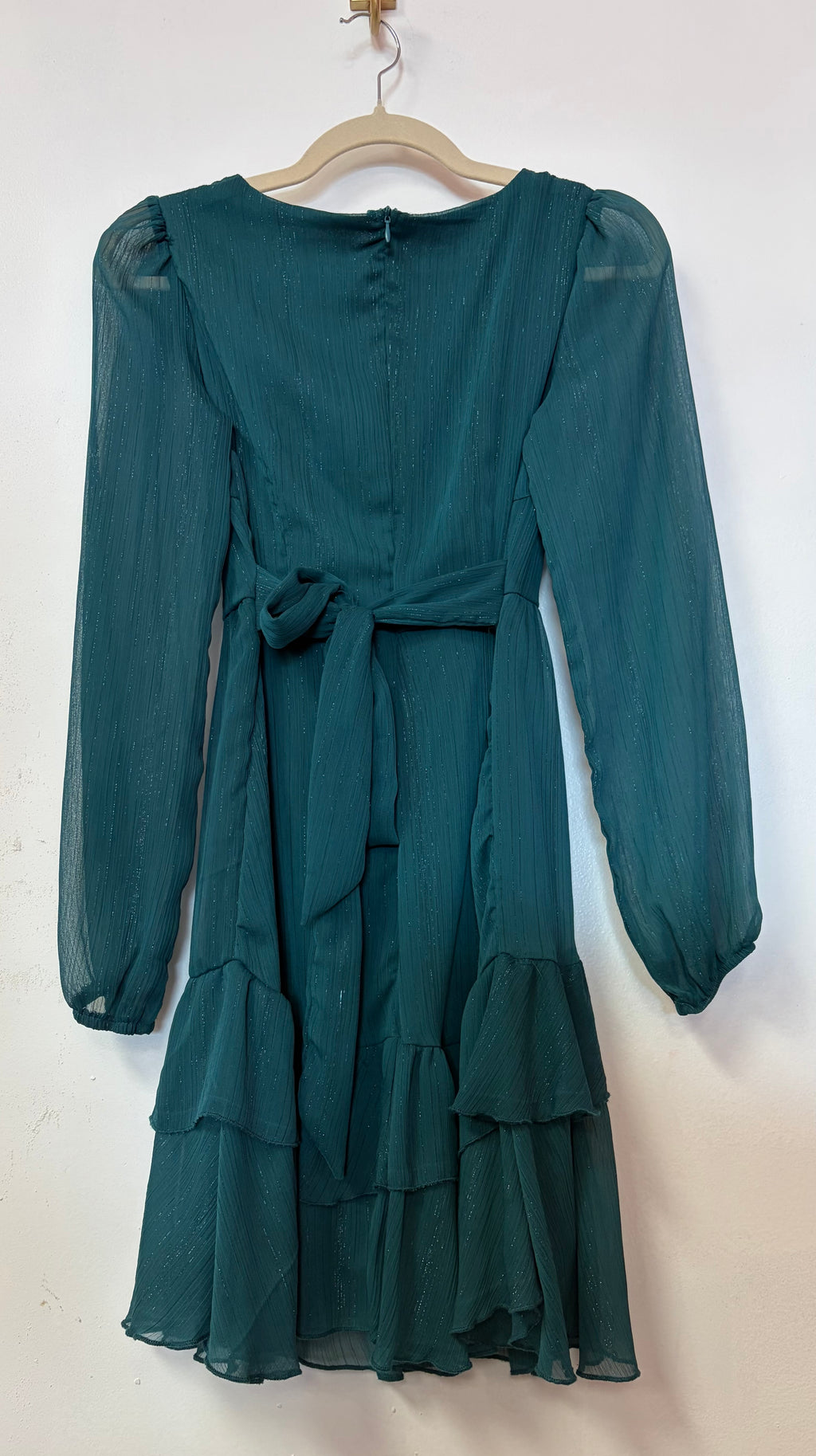 Altar’d State Emerald Shimmer Chiffon Mini Dress with Tiered Ruffles and Balloon Sleeves