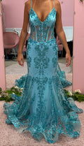 Jovani 3675 Aqua Beaded Mermaid Prom Dress with Sheer Corset Bodice