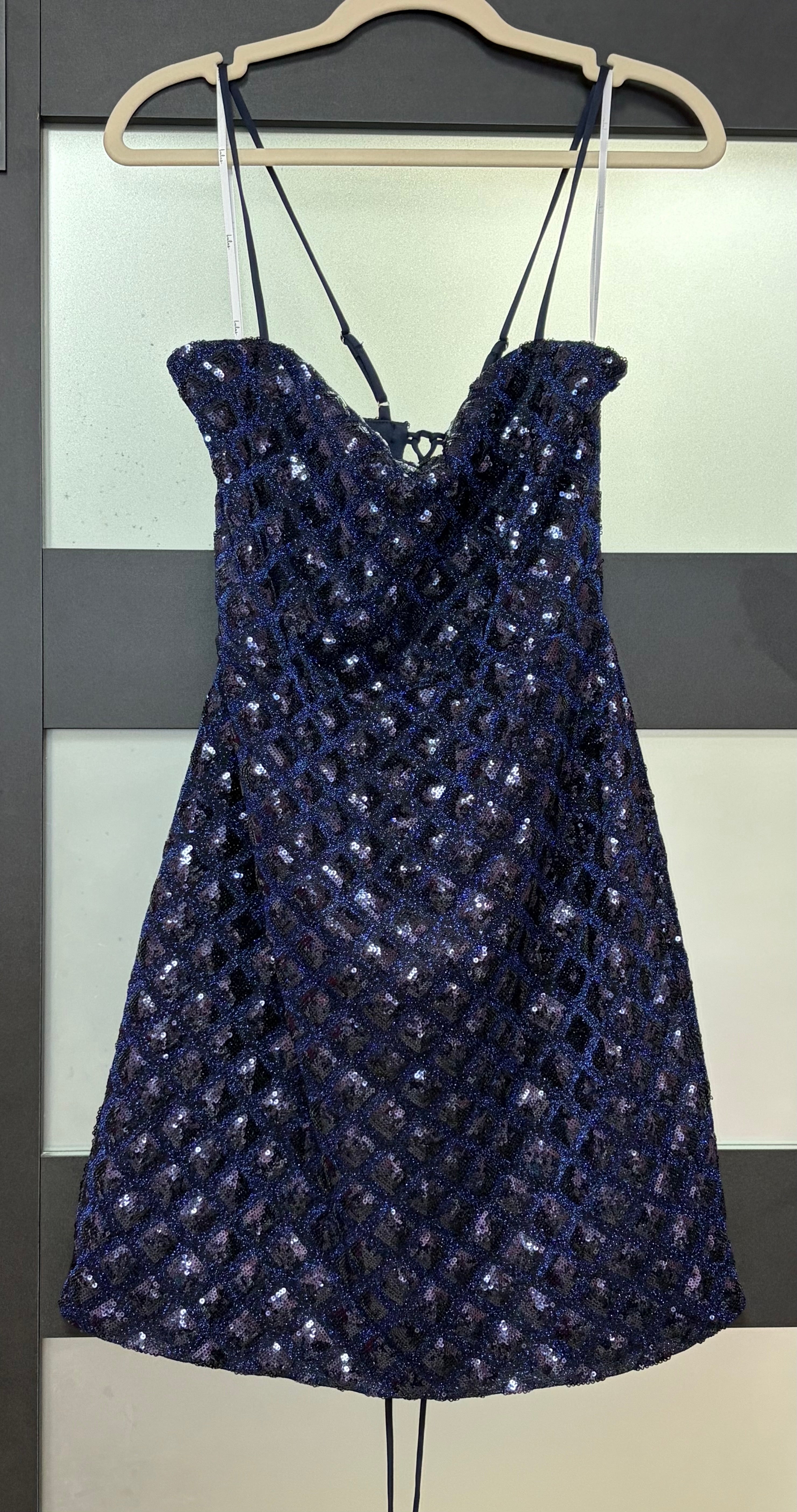 Lulus Navy Sequin Lace-Up Homecoming Dress