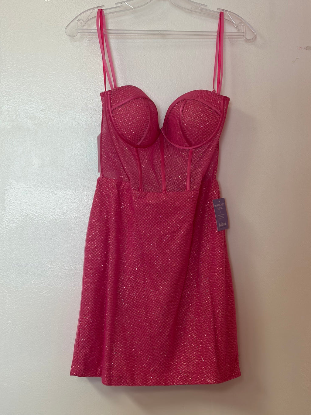 LaDivine CB146 Hot Pink Glitter Corset Homecoming Dress with Removable Tulle Overskirt