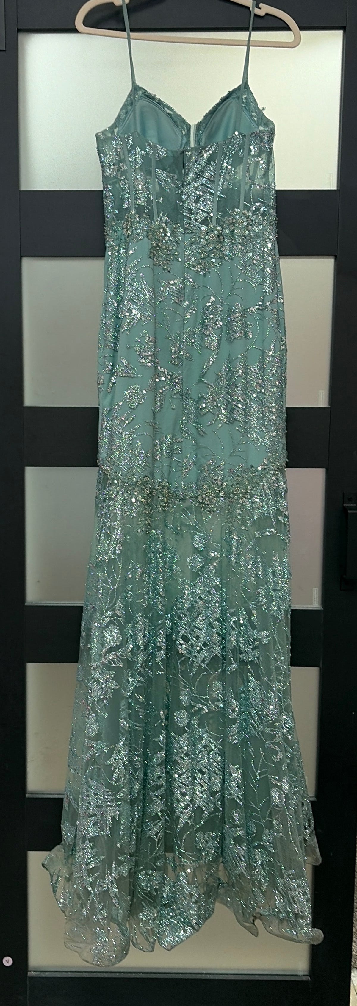 Jovani 38468 Sage Embellished Mermaid Prom Gown with Sheer Corset Bodice and Floral Beading