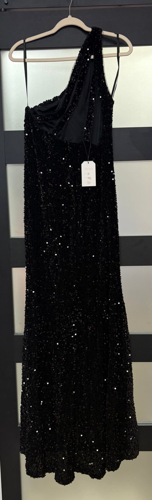 Black One-Shoulder Sequin Evening Gown with High Slit