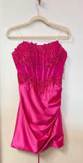 Stacees Hot Pink Satin Corset Homecoming Dress with Lace Appliqué Detail