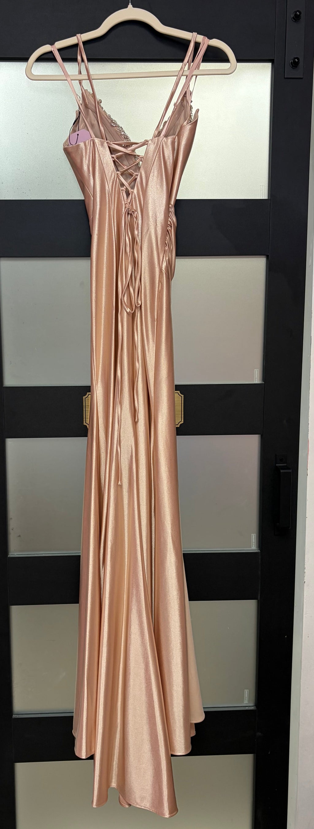 LaDivine CDS528 Rose Gold Satin Gown with Crystal Trim and Lace-Up Back