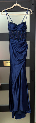 Navy Blue Embellished Corset Satin Formal Gown