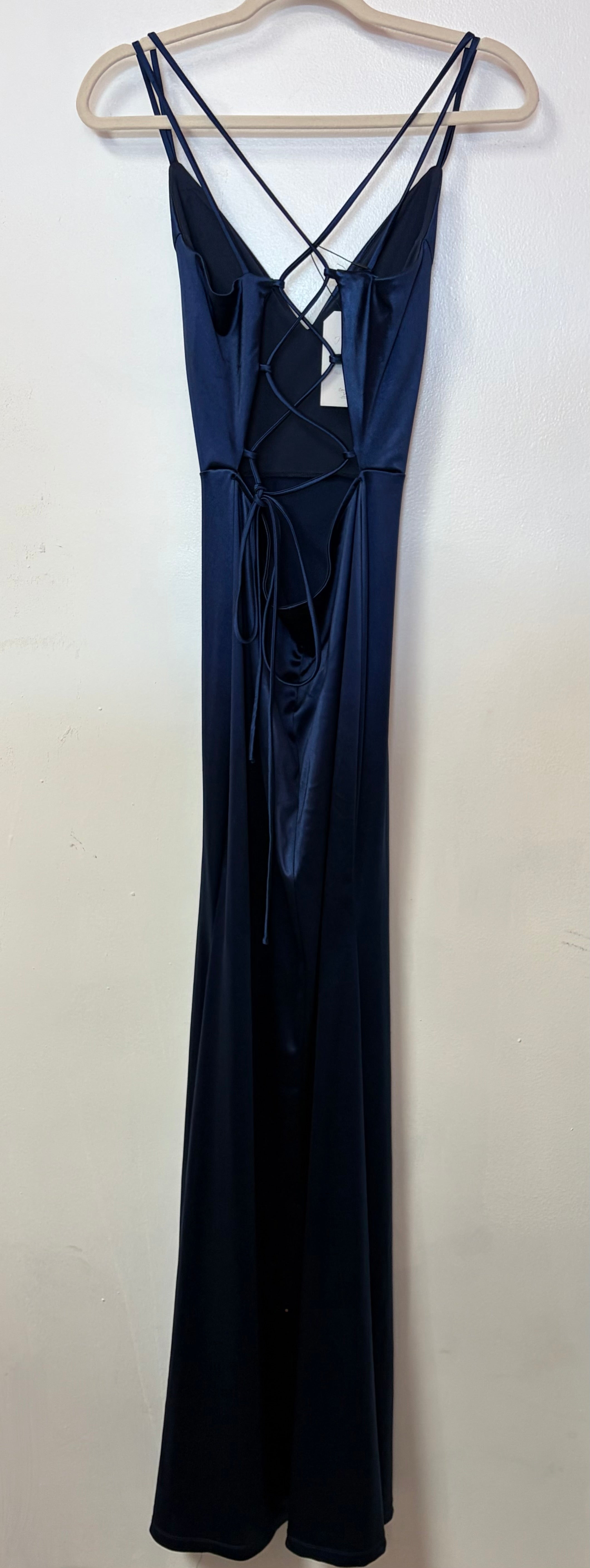 Windsor Navy Satin Lace-Up Back Maxi Dress with Strappy Open Back
