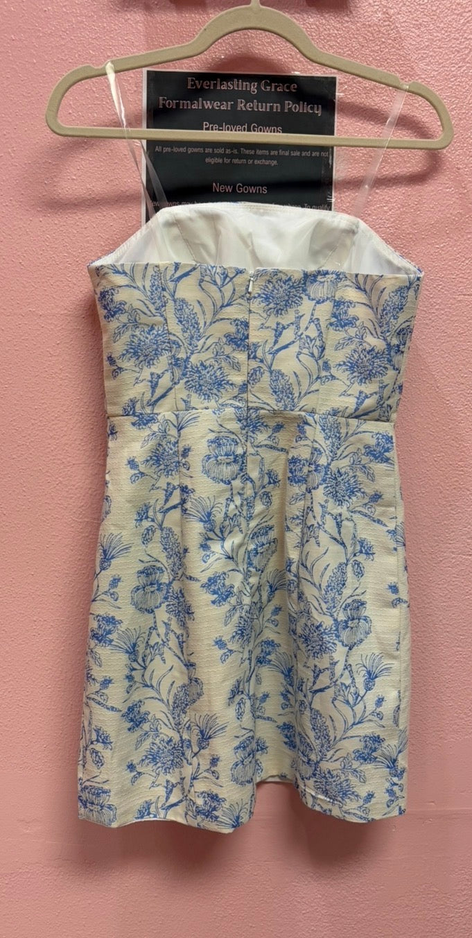 Strapless blue/cream floral minidress