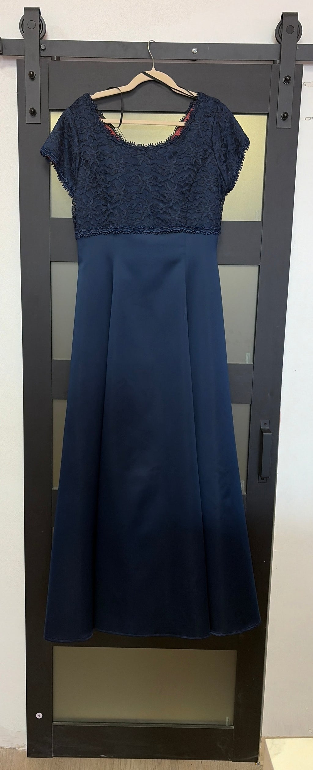 Navy Michaelangelo gown with lace detailed top