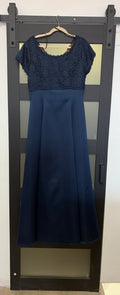 Navy Michaelangelo gown with lace detailed top