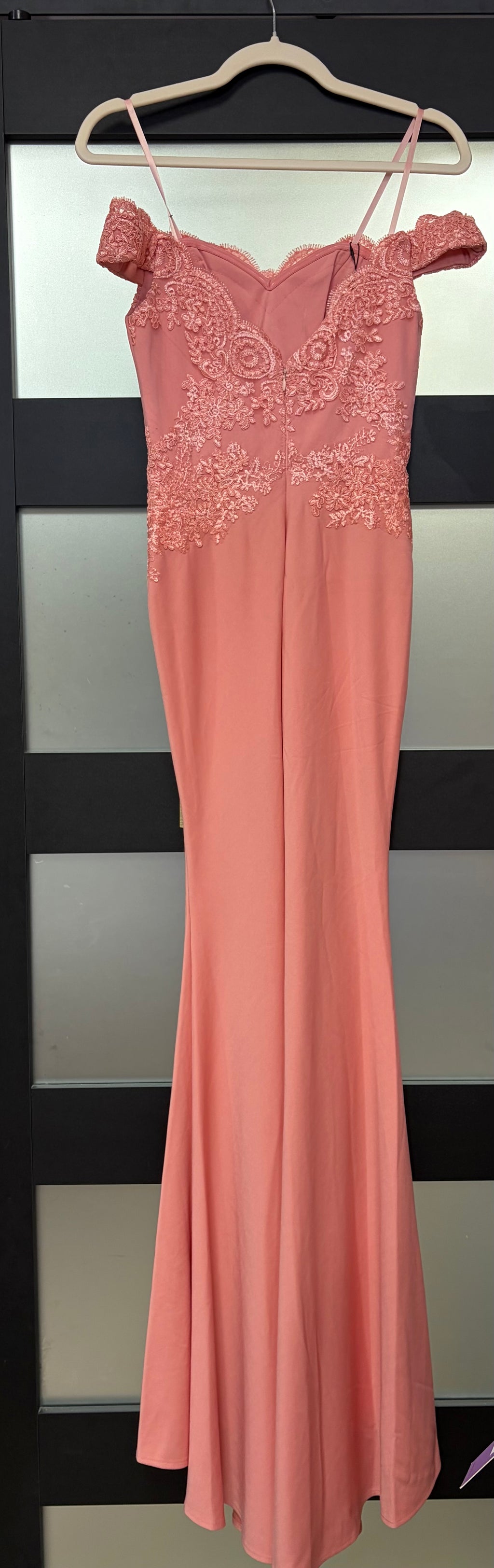 Cinderella Divine CF158 Dusty Rose Off-the-Shoulder Lace Appliqué Mermaid Formal Gown
