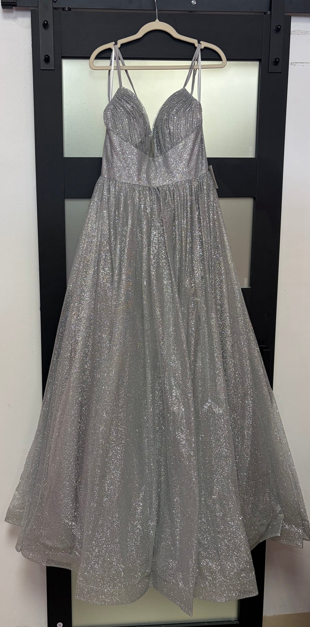 LaDivine CD996 Silver Glitter A-Line Ball Gown with Corset Lace-Up Back