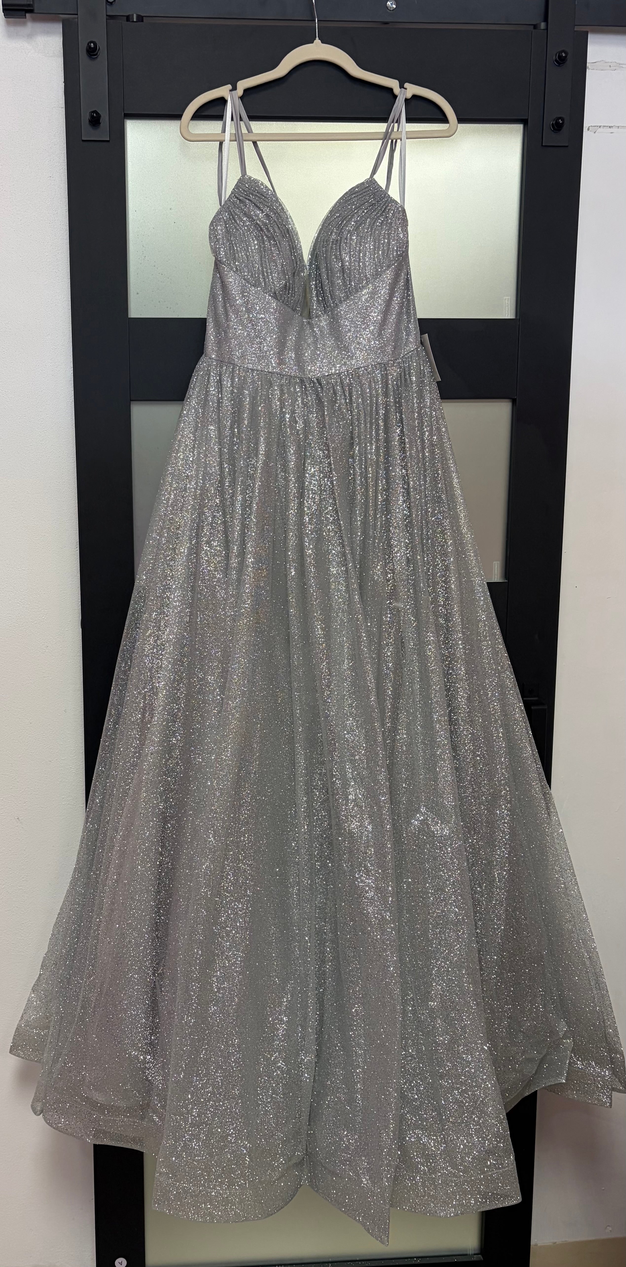 LaDivine CD996 Silver Glitter A-Line Ball Gown with Corset Lace-Up Back