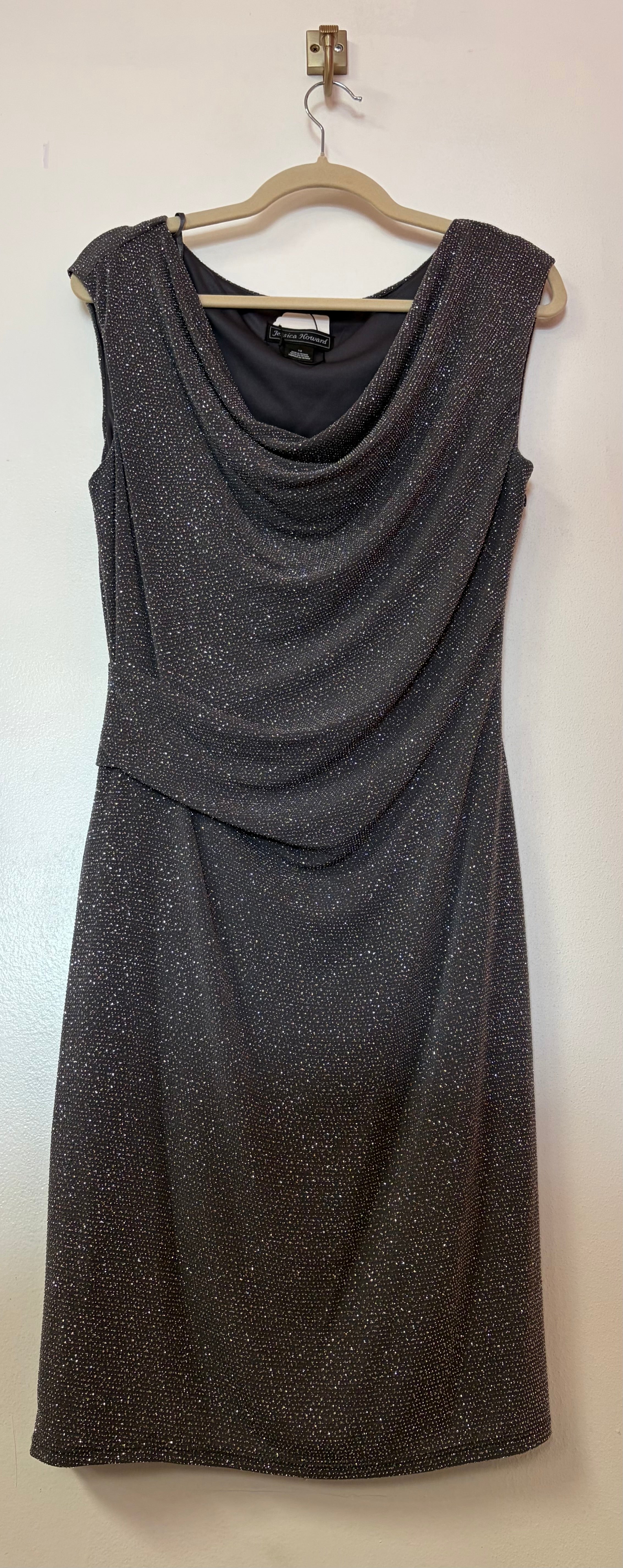 Jessica Howard Gunmetal Shimmer Sheath Dress with Draped Cowl Neckline