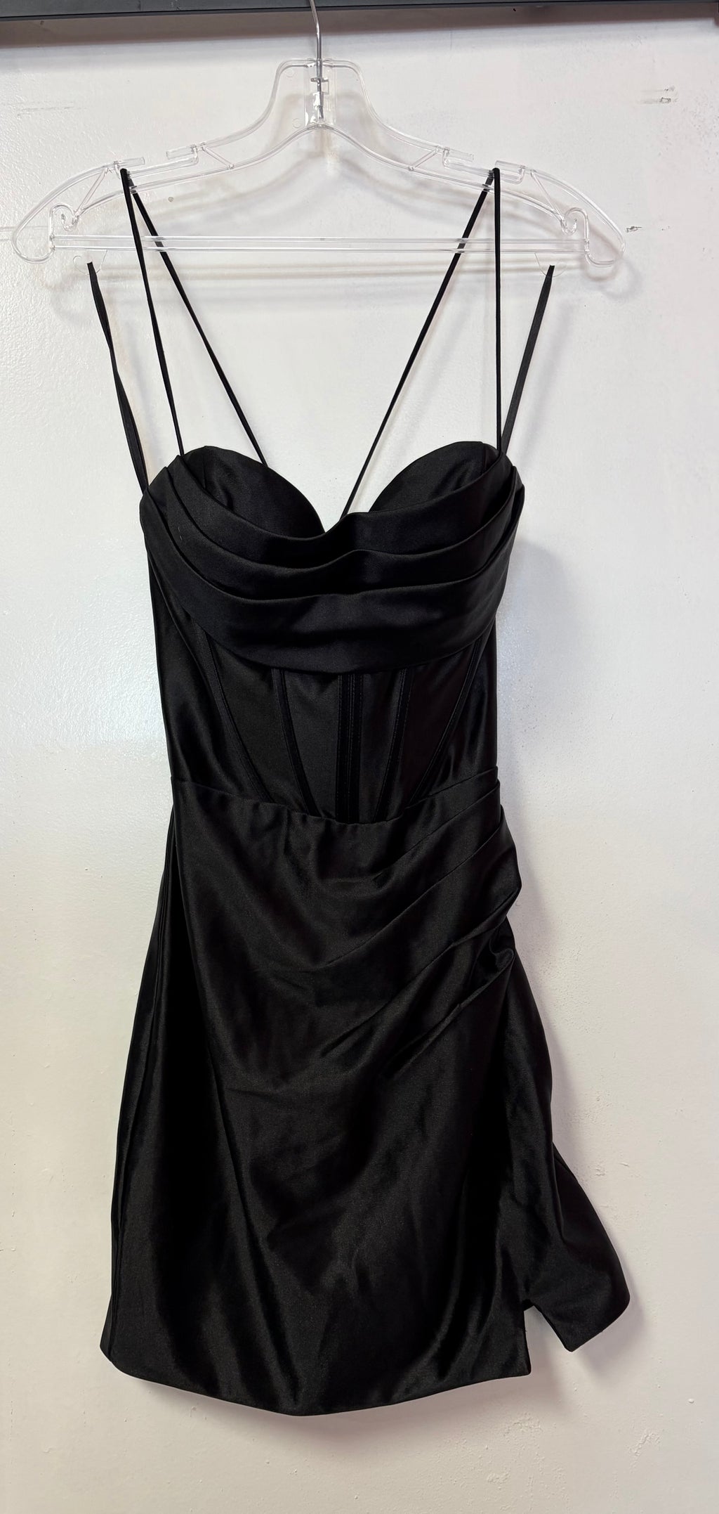 Nox Anabel E816 Black Satin Corset Homecoming Dress with Lace-Up Back