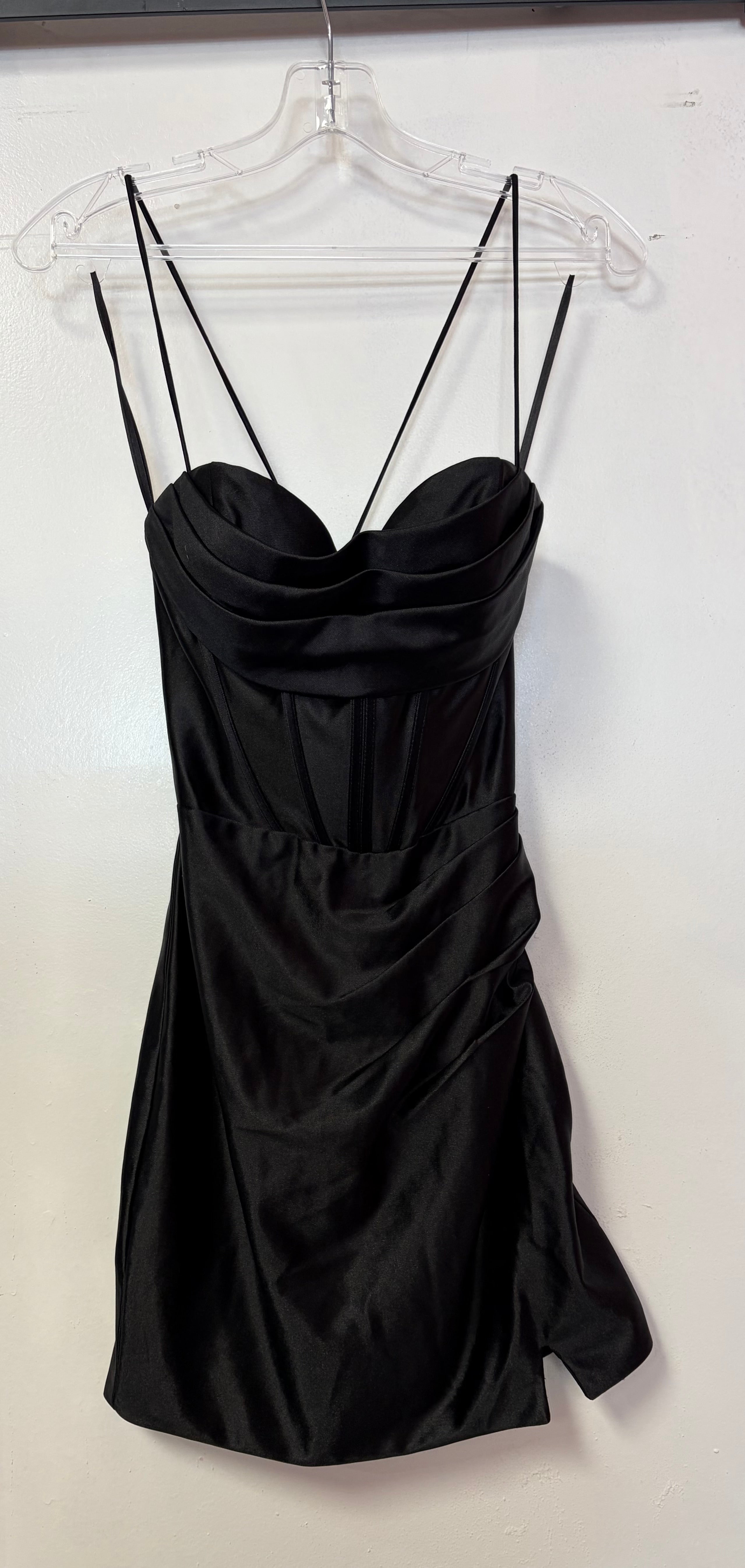 Nox Anabel E816 Black Satin Corset Homecoming Dress with Lace-Up Back