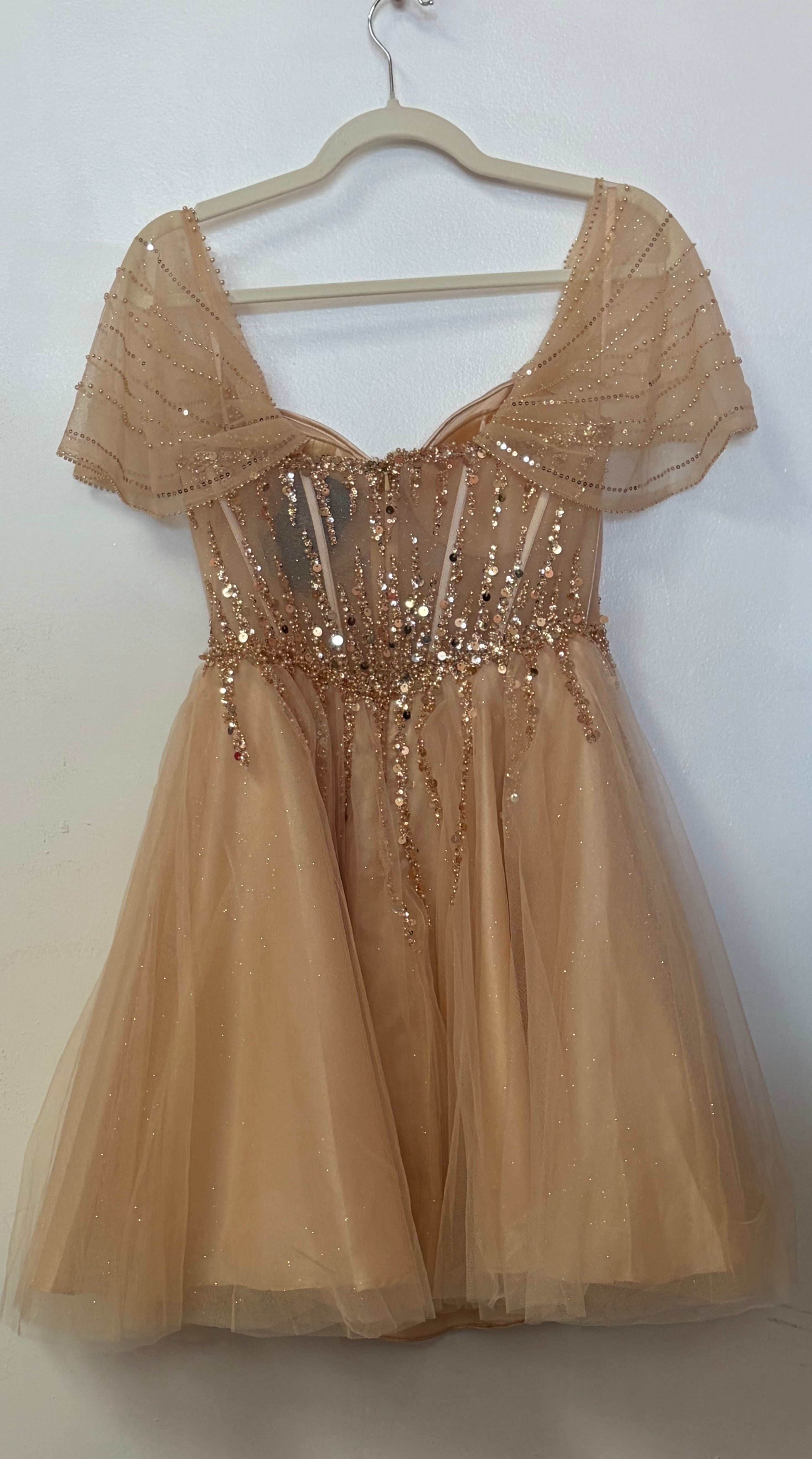 LaDivine CD0211 Champagne Beaded Tulle Homecoming Dress with Flutter Sleeves and Sparkling Corset Bodice