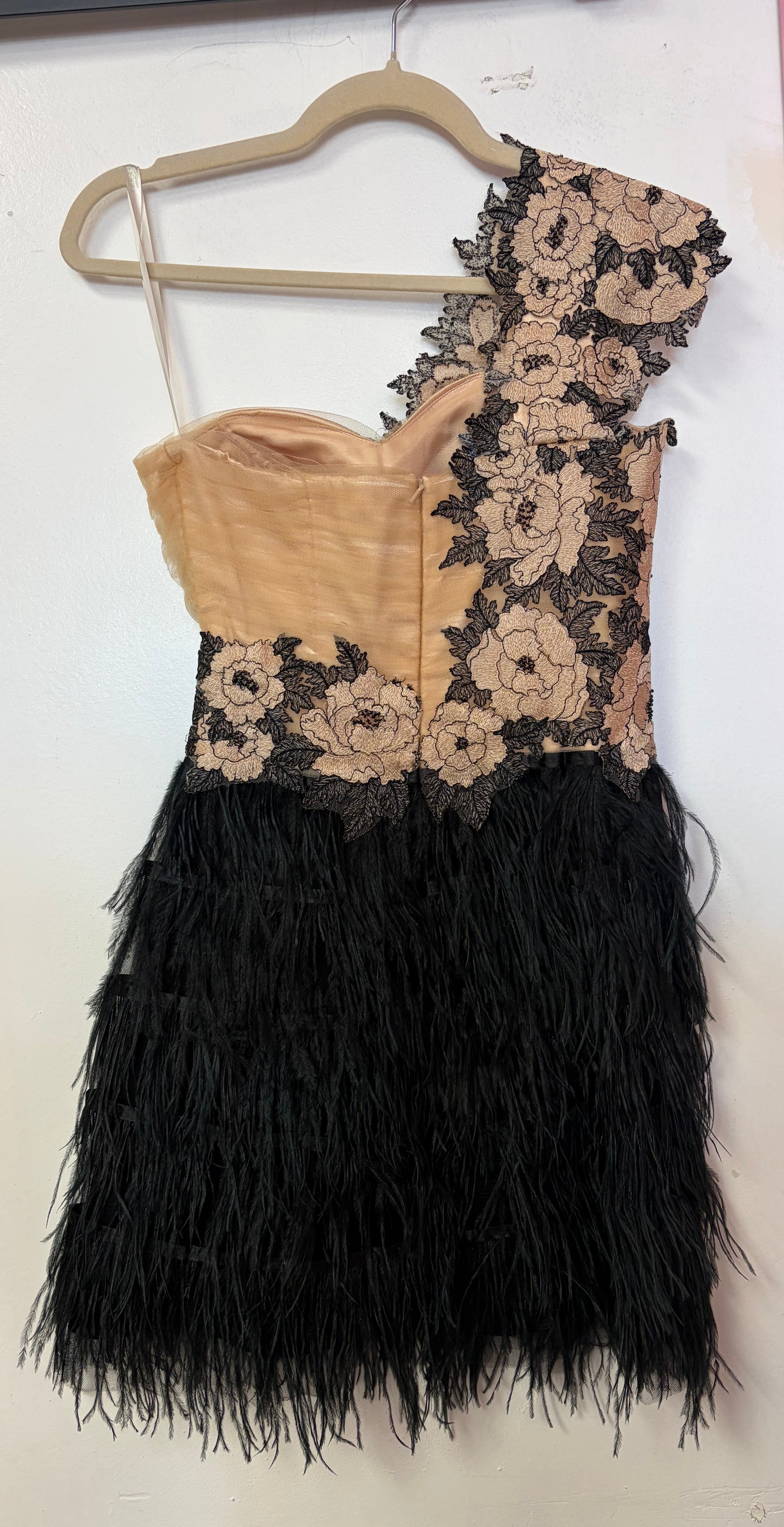 Terani Couture Black & Nude Floral Lace Feather Cocktail Dress