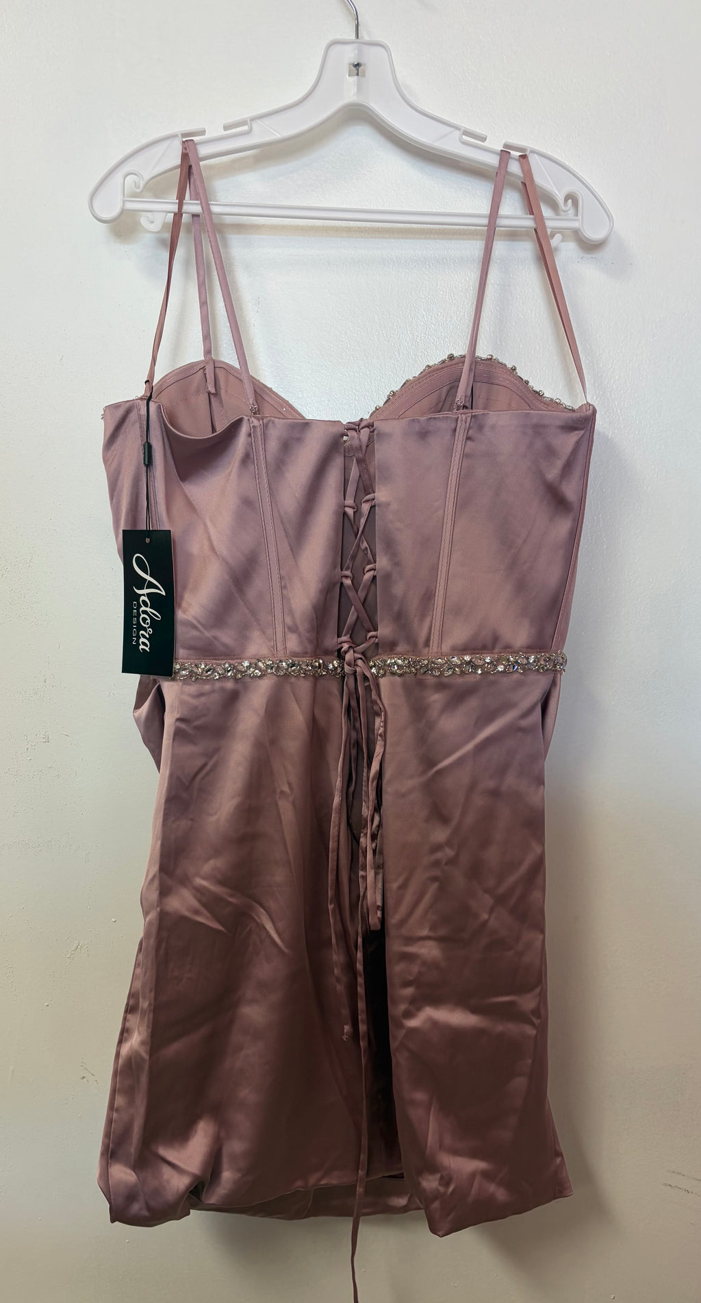 Adora 1074 Rose Pink Satin Corset Homecoming Dress with Crystal Trim and Draped Skirt